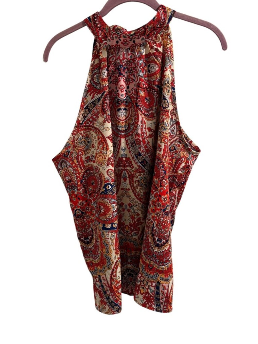 Red Paisley Print Sleeveless Halter Top XXL Tunic With Keyhole Back & Button Clo
